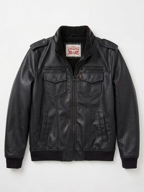 Levi’s Men’s Faux Leather Sherpa Lined Aviator Bomber Jacket - Black Size Large